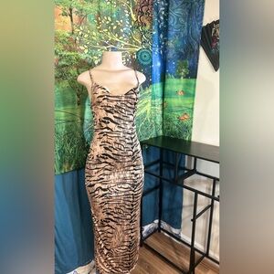 PrettyLittleThing Black and Beige Tiger-Print Slip  Maxi Dress